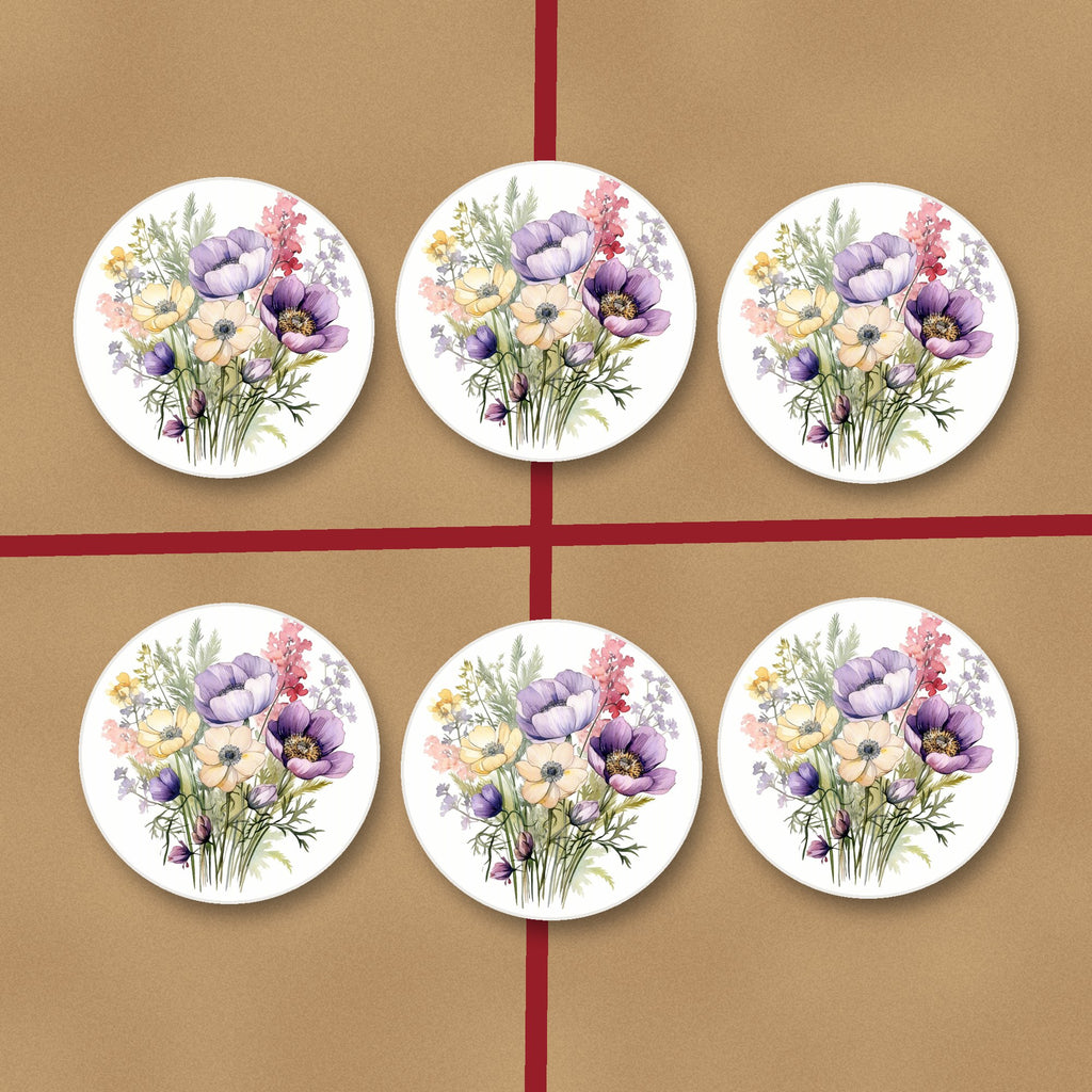 Lilac & Cream Anemone Bouquet round ceramic coasters on kraft gift wrap