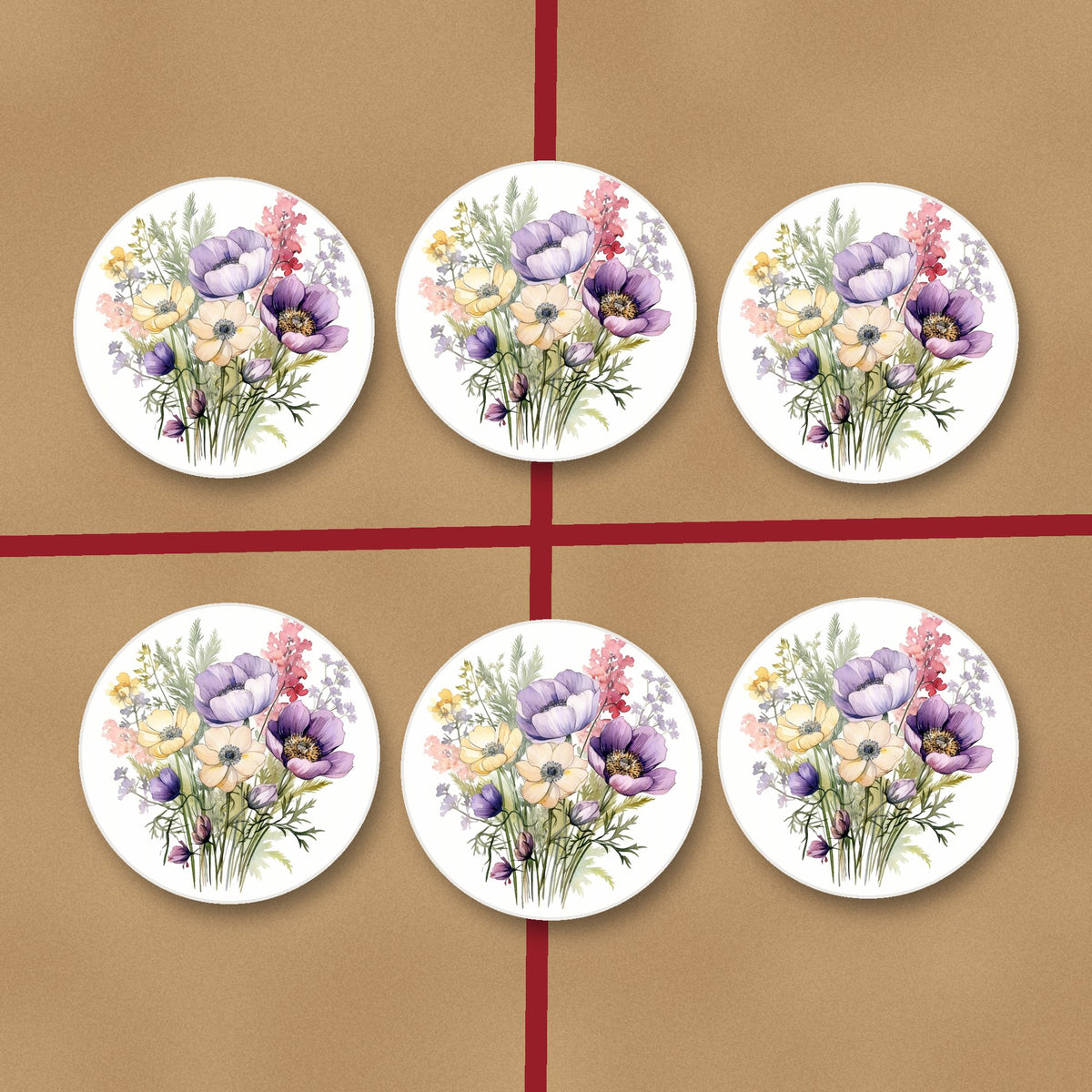 Lilac & Cream Anemone Bouquet round ceramic coasters on kraft gift wrap