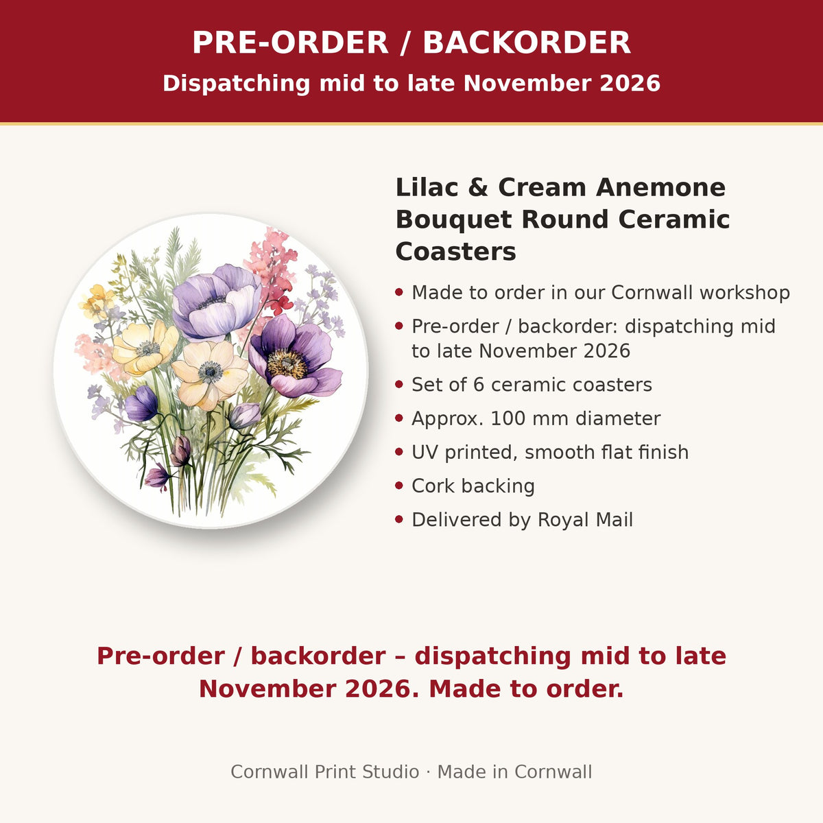 Info card: Lilac & Cream Anemone Bouquet Round Ceramic Coasters – Set of 6, made to order, dispatching mid to late November 2026, delivered by Royal Mail