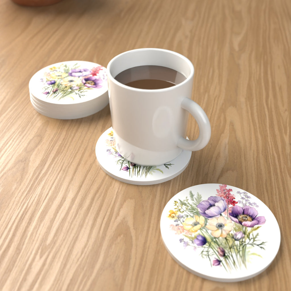 Lilac & Cream Anemone Bouquet Round Ceramic Coasters – Set of 6 – lifestyle mockup with a mug of coffee