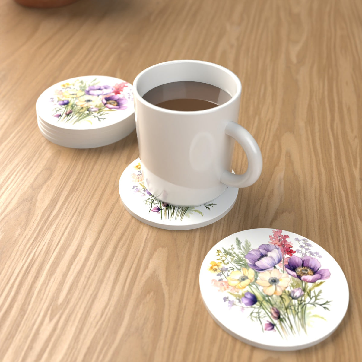 Lilac & Cream Anemone Bouquet Round Ceramic Coasters – Set of 6 – lifestyle mockup with a mug of coffee