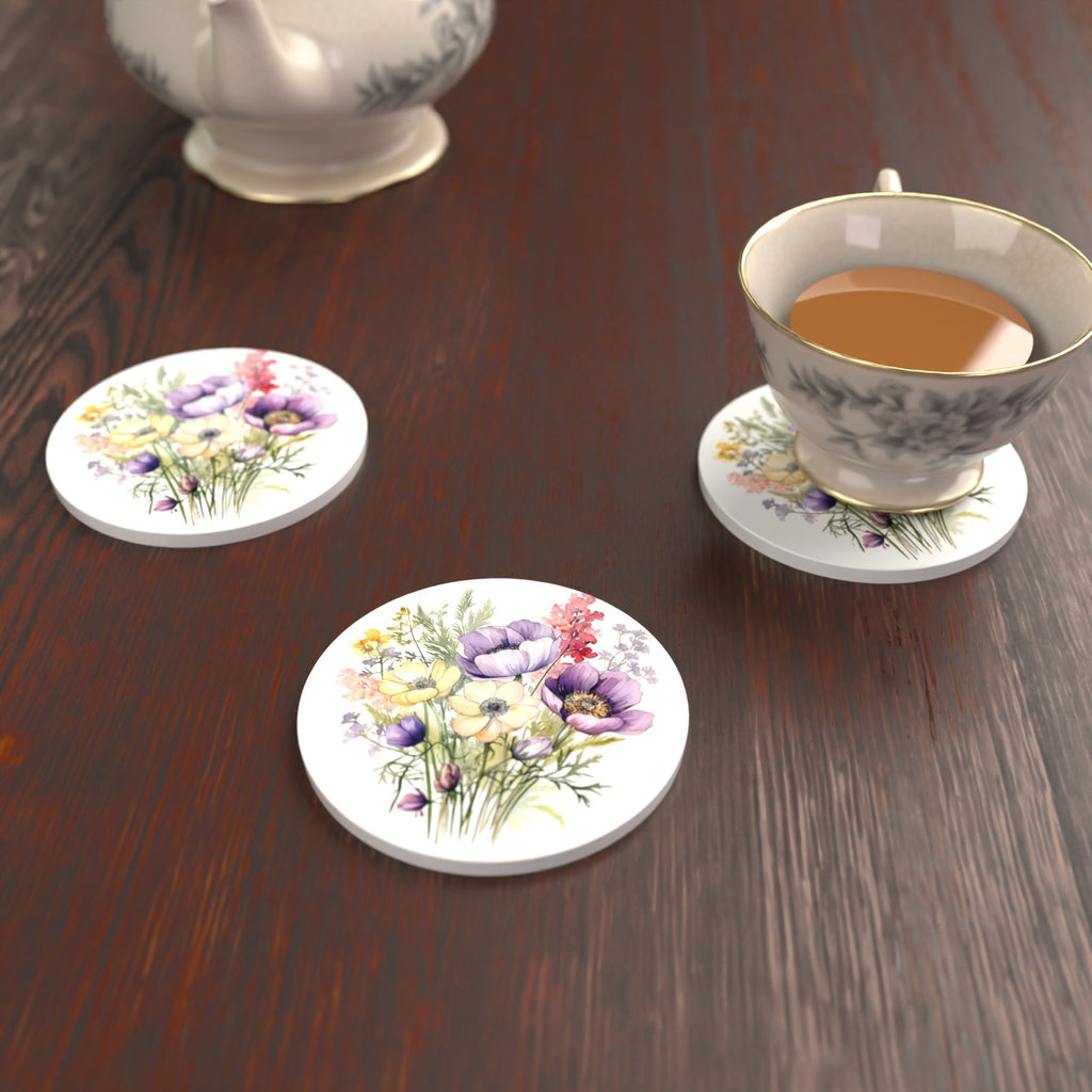Lilac & Cream Anemone Bouquet Round Ceramic Coasters – Set of 6 – lifestyle mockup with a teacup