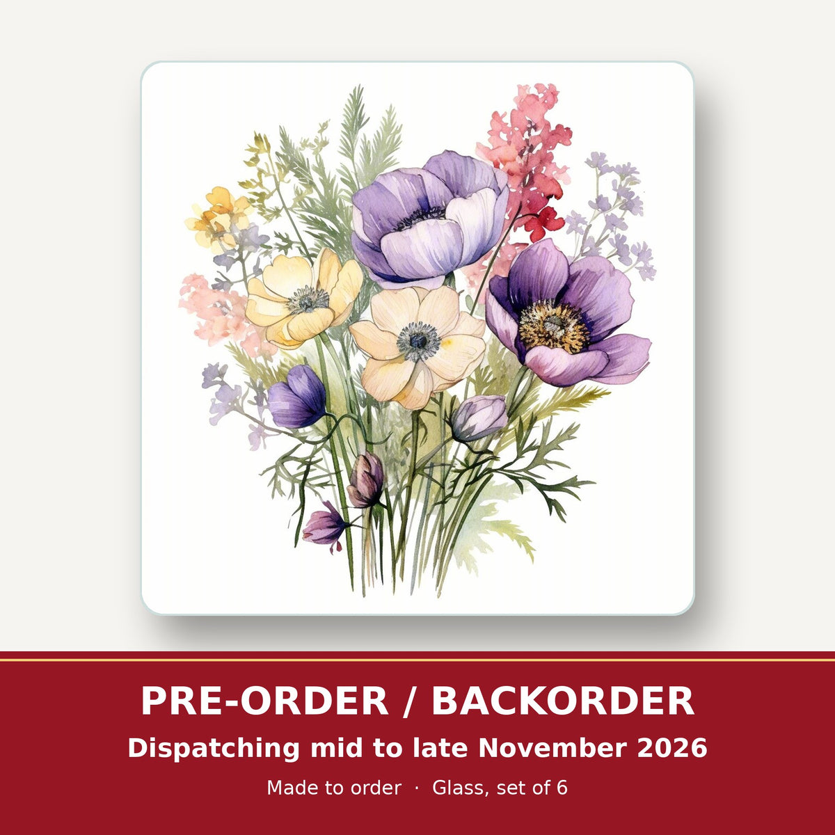 Lilac & Cream Anemone Bouquet square glass coaster set of 6 – pre-order / backorder, dispatching mid to late November 2026