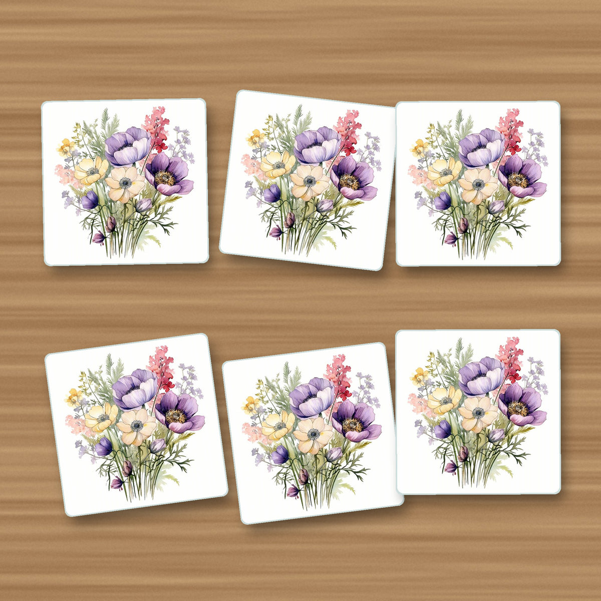 Lilac & Cream Anemone Bouquet square glass coasters, set of 6, on an oak coffee table