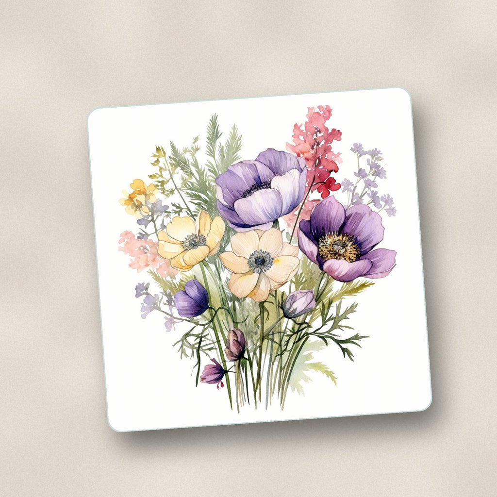 Close-up of one lilac & cream anemone bouquet square glass coaster, flat UV print