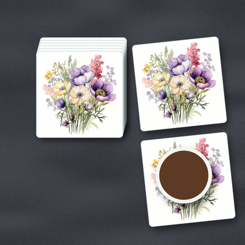 Lilac & Cream Anemone Bouquet square glass coasters stacked on a slate kitchen worktop