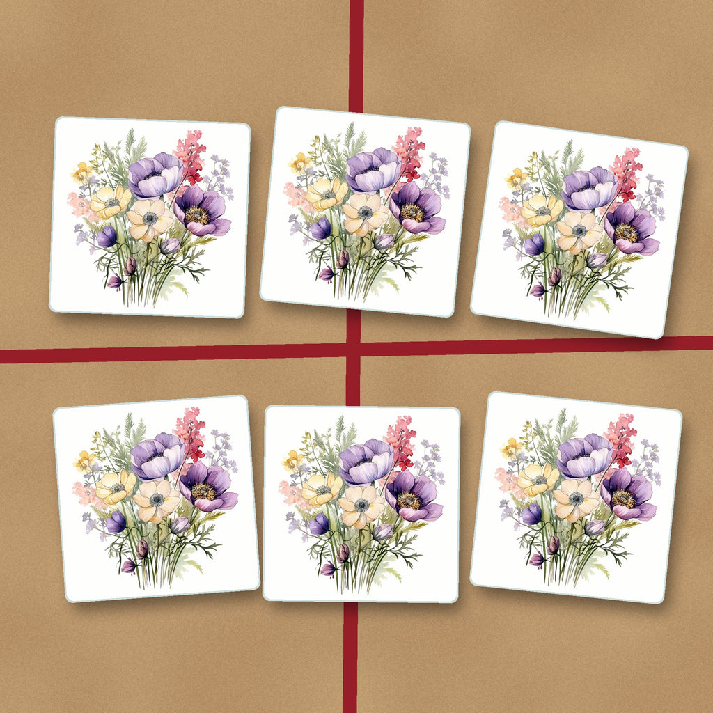 Lilac & Cream Anemone Bouquet square glass coasters on kraft gift wrap