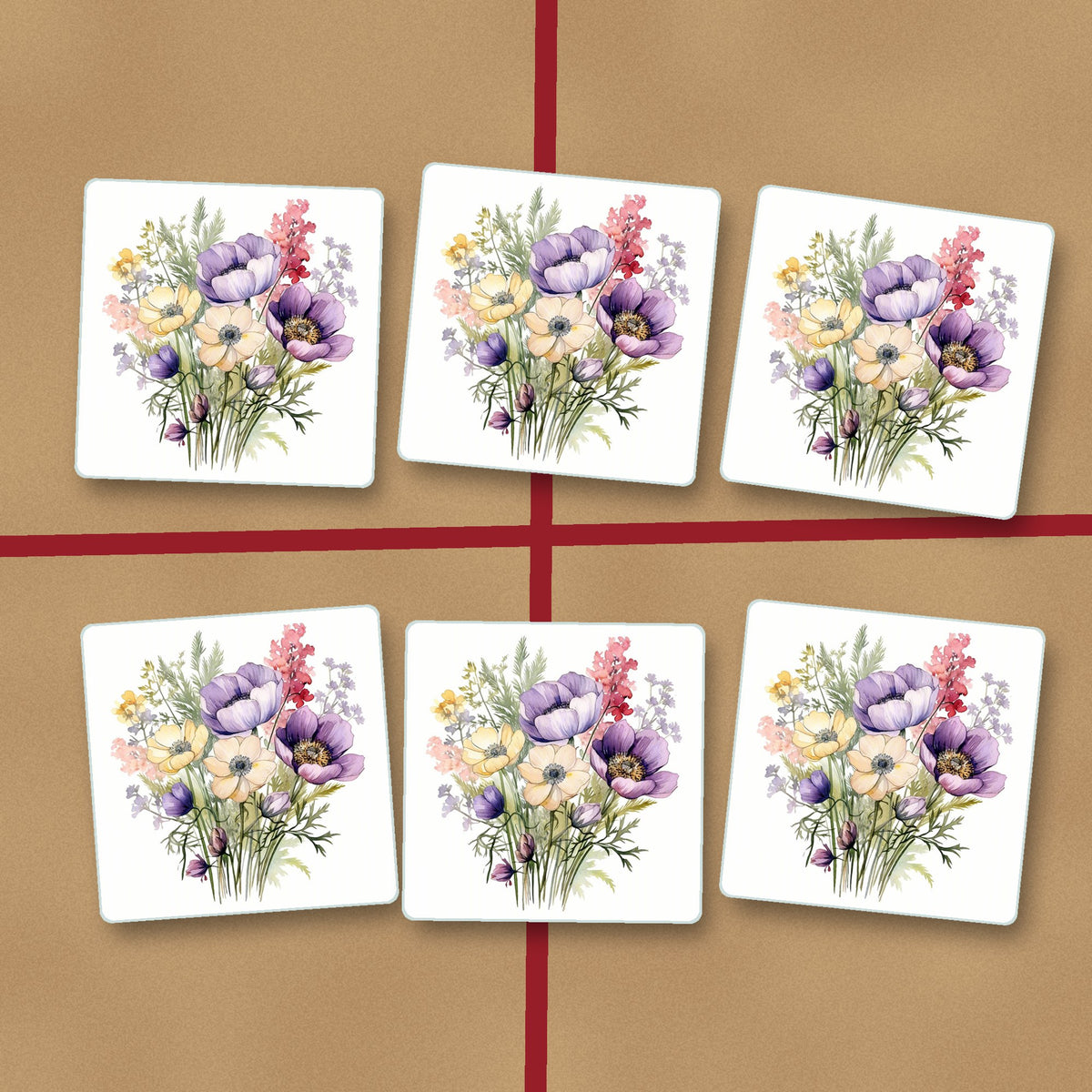 Lilac & Cream Anemone Bouquet square glass coasters on kraft gift wrap