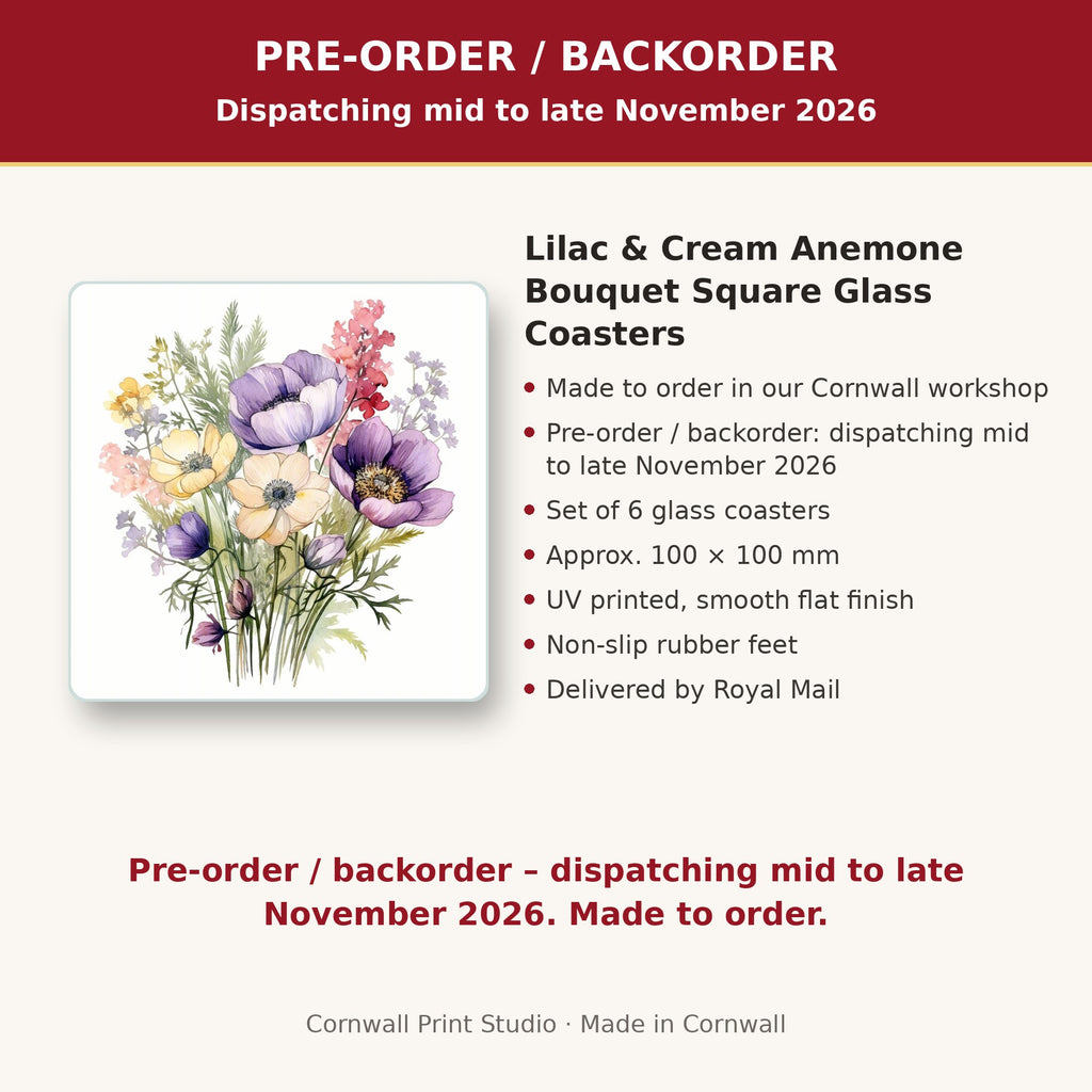 Info card: Lilac & Cream Anemone Bouquet Square Glass Coasters – Set of 6, made to order, dispatching mid to late November 2026, delivered by Royal Mail