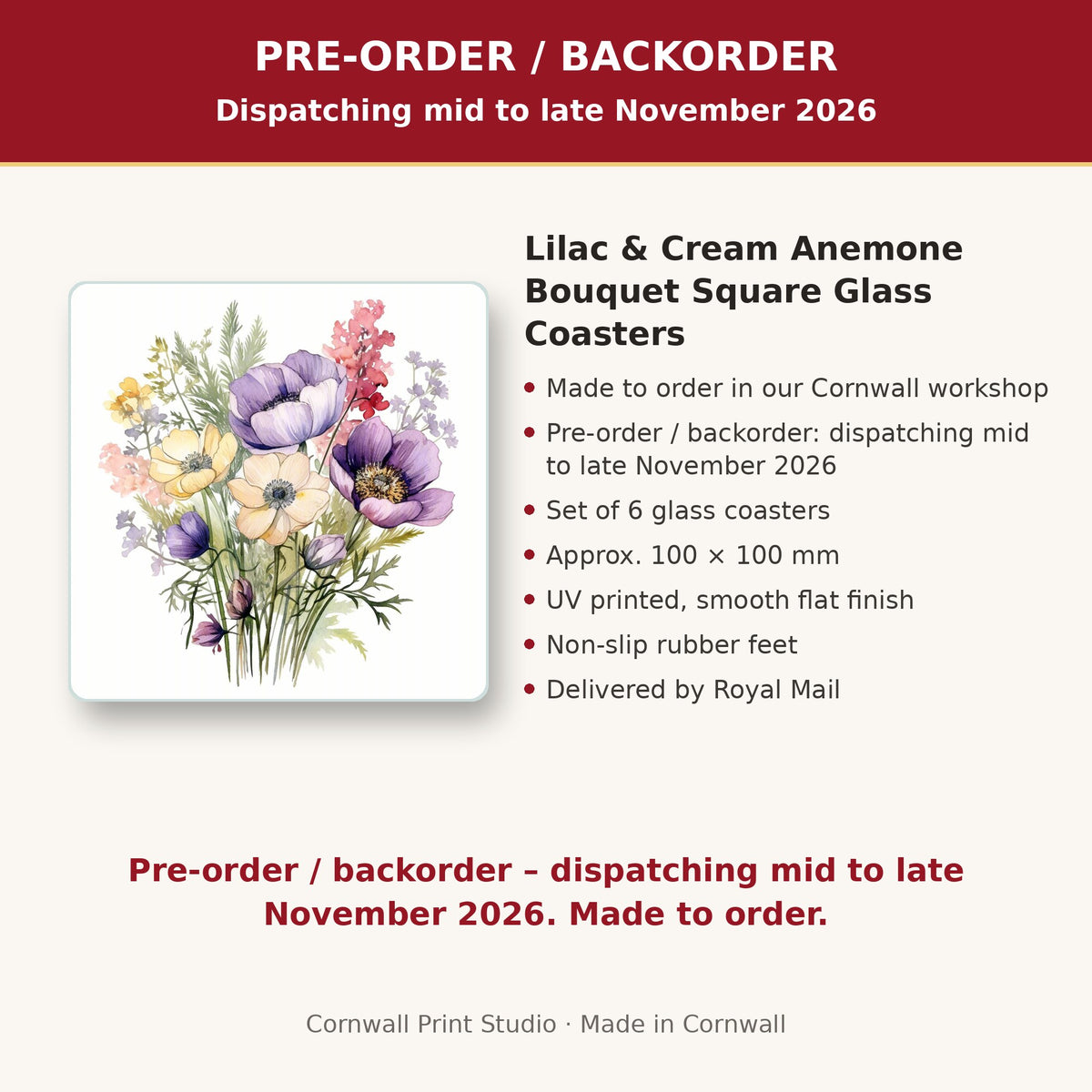 Info card: Lilac & Cream Anemone Bouquet Square Glass Coasters – Set of 6, made to order, dispatching mid to late November 2026, delivered by Royal Mail