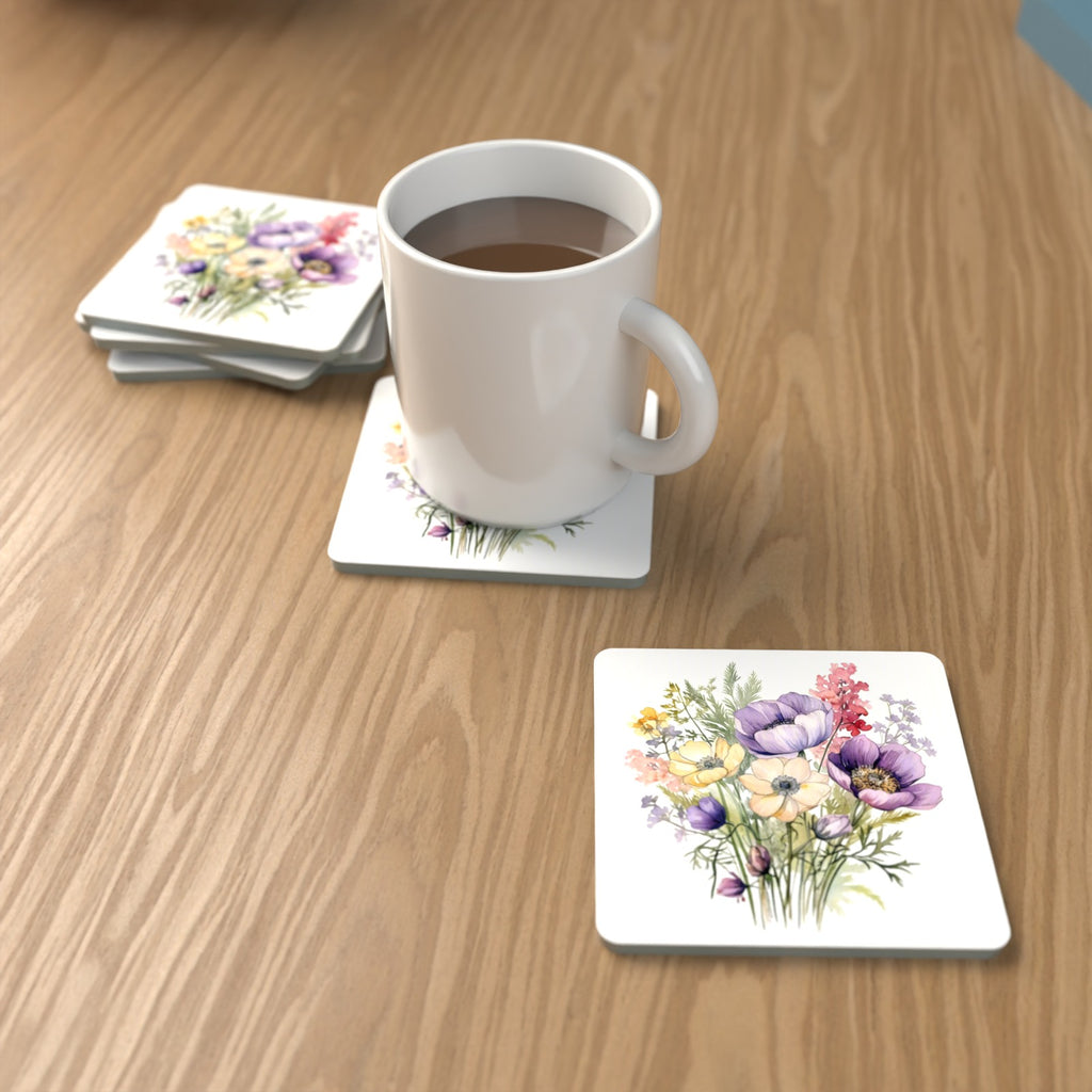 Lilac & Cream Anemone Bouquet Square Glass Coasters – Set of 6 – lifestyle mockup with a mug of coffee