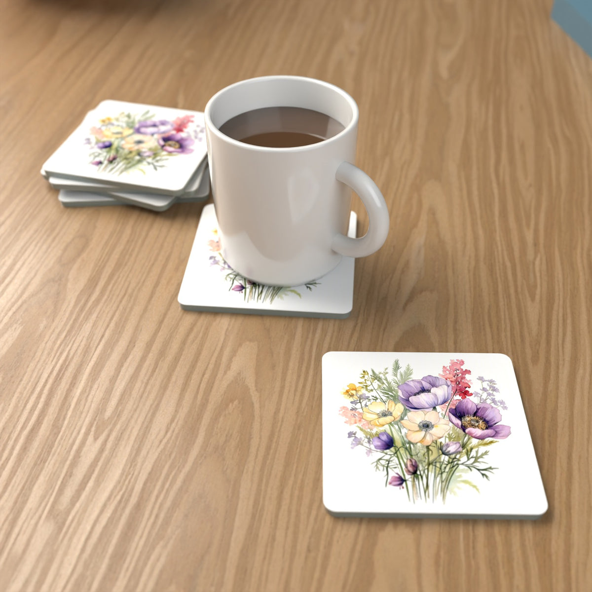 Lilac & Cream Anemone Bouquet Square Glass Coasters – Set of 6 – lifestyle mockup with a mug of coffee