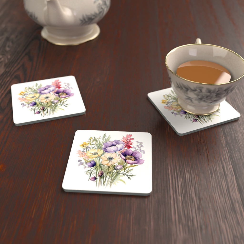 Lilac & Cream Anemone Bouquet Square Glass Coasters – Set of 6 – lifestyle mockup with a teacup