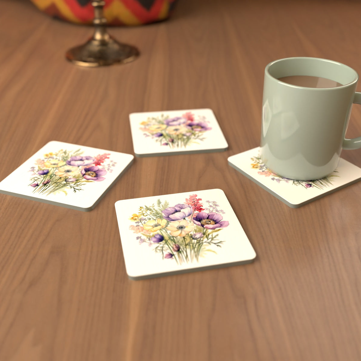 Lilac & Cream Anemone Bouquet Square Glass Coasters – Set of 6 – cosy lifestyle mockup