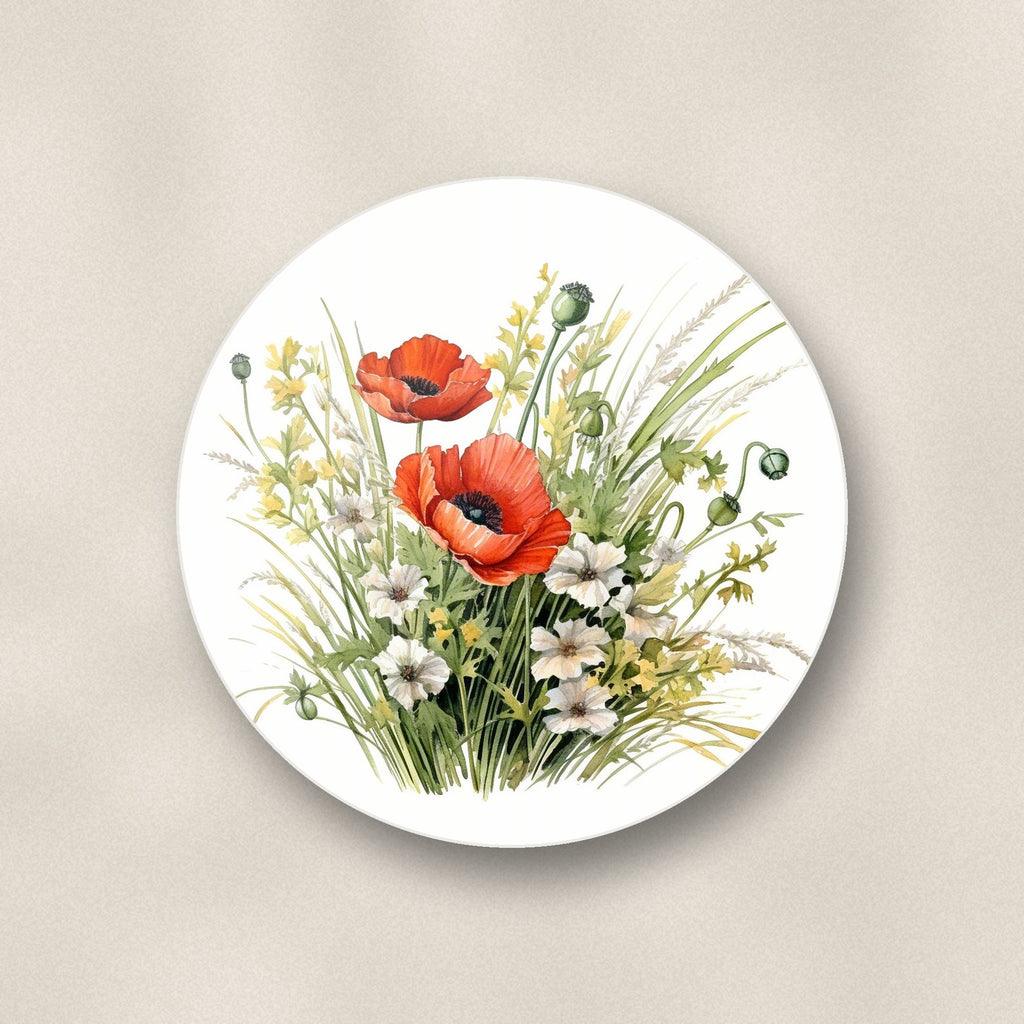 Close-up of one red poppy & meadow grass round ceramic coaster, flat UV print