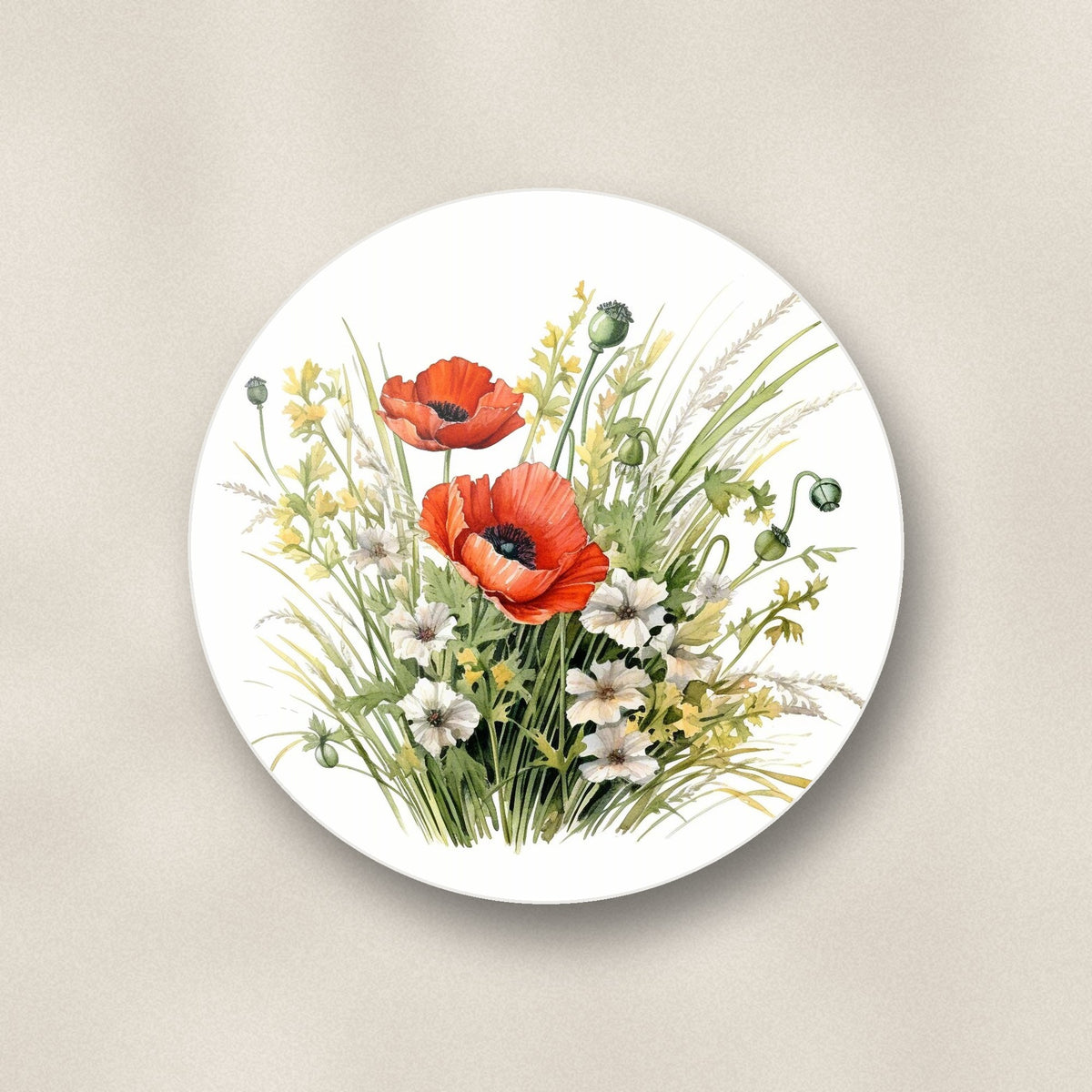 Close-up of one red poppy & meadow grass round ceramic coaster, flat UV print