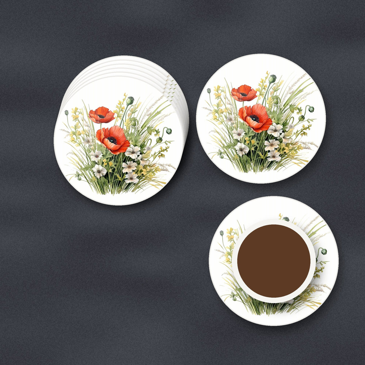 Red Poppy & Meadow Grass round ceramic coasters stacked on a slate kitchen worktop