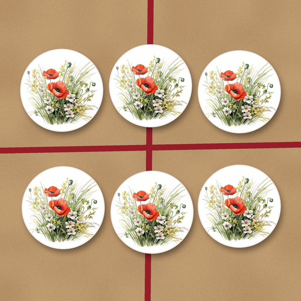 Red Poppy & Meadow Grass round ceramic coasters on kraft gift wrap