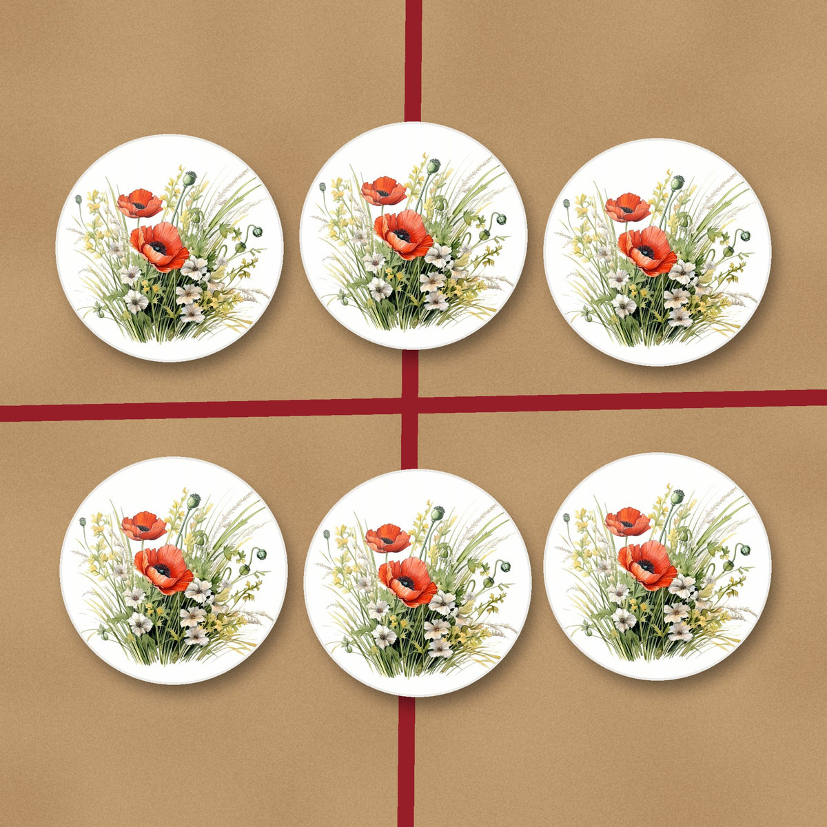 Red Poppy & Meadow Grass round ceramic coasters on kraft gift wrap