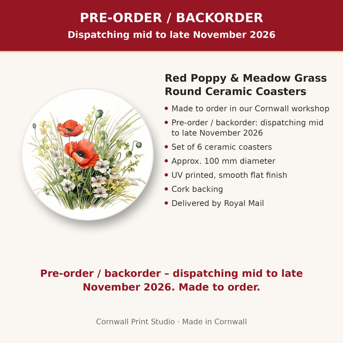 Info card: Red Poppy & Meadow Grass Round Ceramic Coasters – Set of 6, made to order, dispatching mid to late November 2026, delivered by Royal Mail