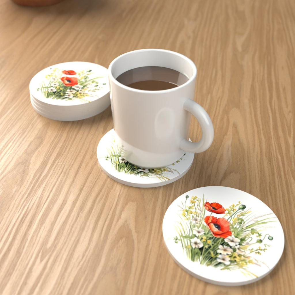 Red Poppy & Meadow Grass Round Ceramic Coasters – Set of 6 – lifestyle mockup with a mug of coffee