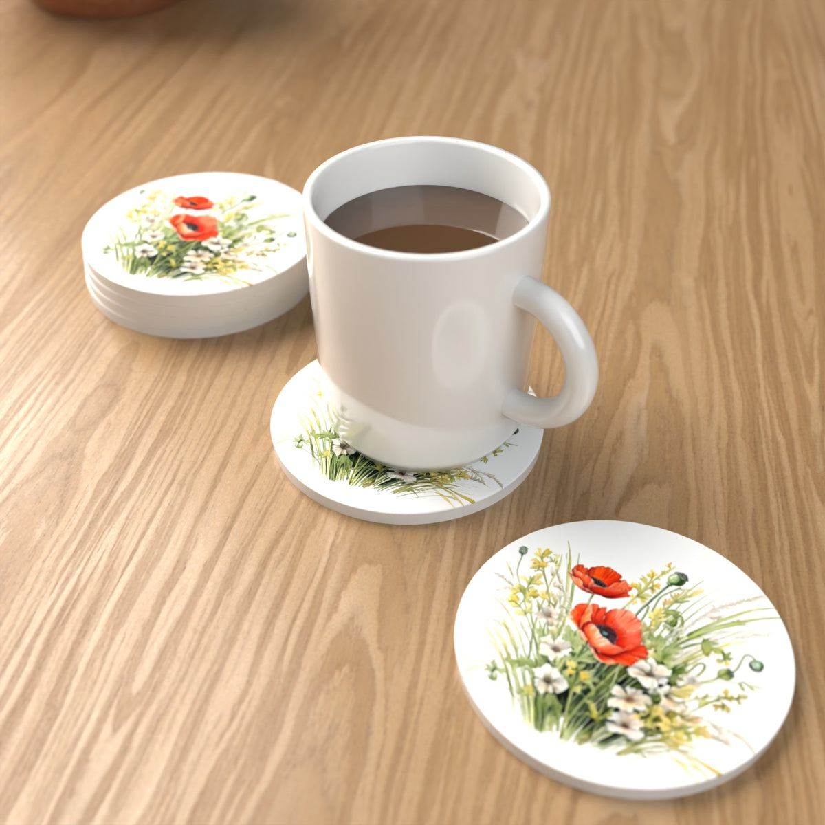 Red Poppy & Meadow Grass Round Ceramic Coasters – Set of 6 – lifestyle mockup with a mug of coffee