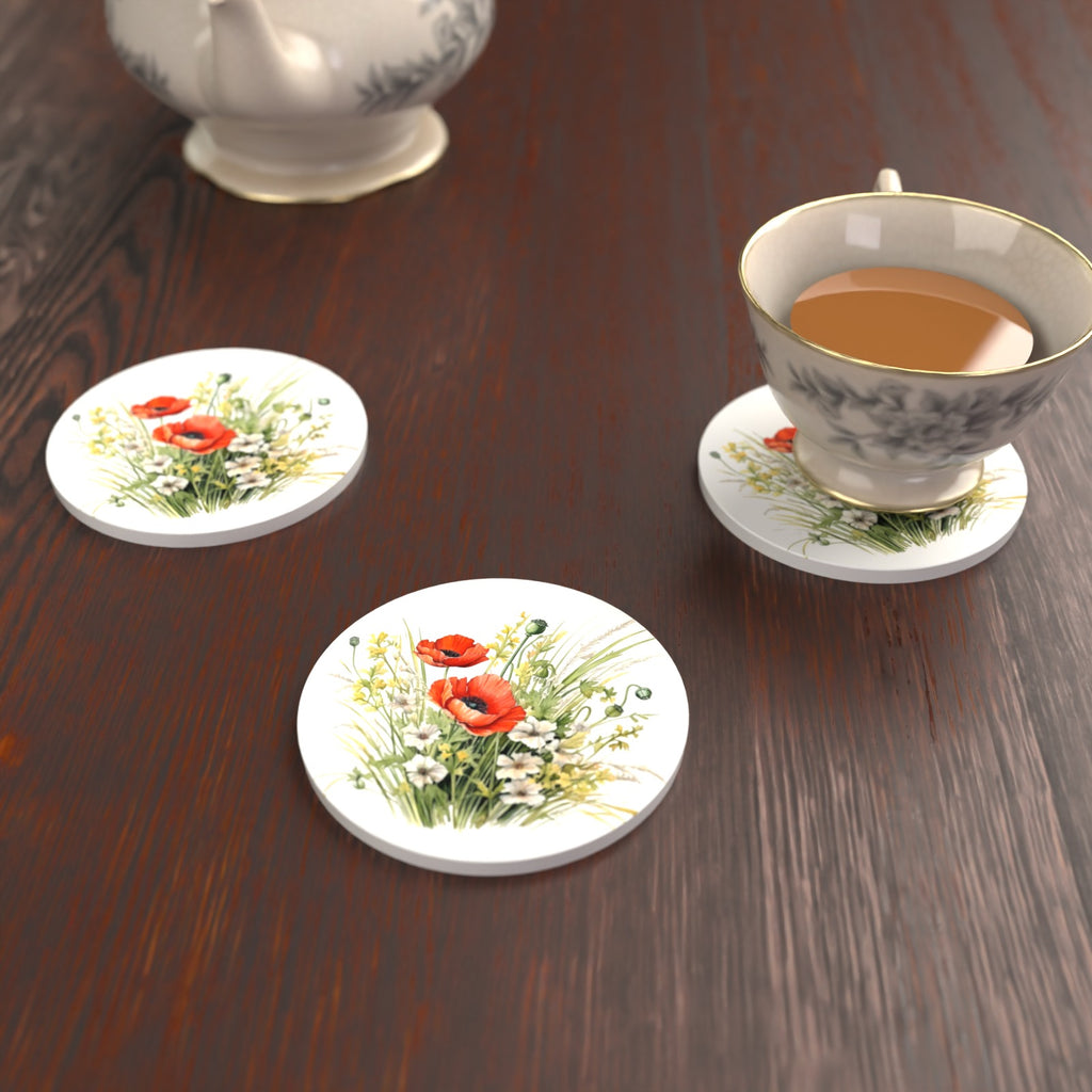 Red Poppy & Meadow Grass Round Ceramic Coasters – Set of 6 – lifestyle mockup with a teacup