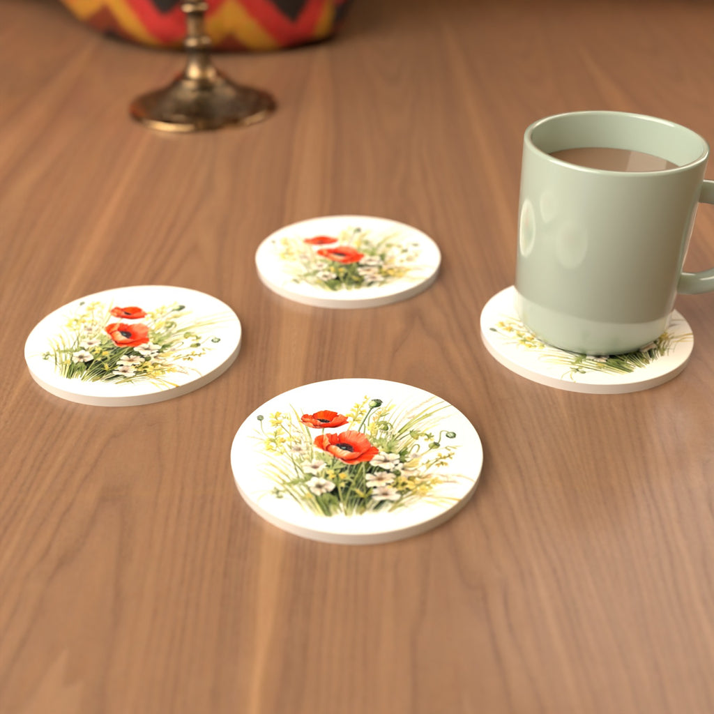 Red Poppy & Meadow Grass Round Ceramic Coasters – Set of 6 – cosy lifestyle mockup