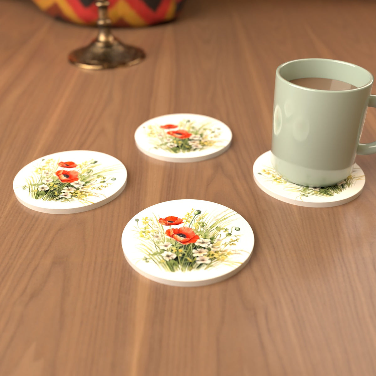 Red Poppy & Meadow Grass Round Ceramic Coasters – Set of 6 – cosy lifestyle mockup