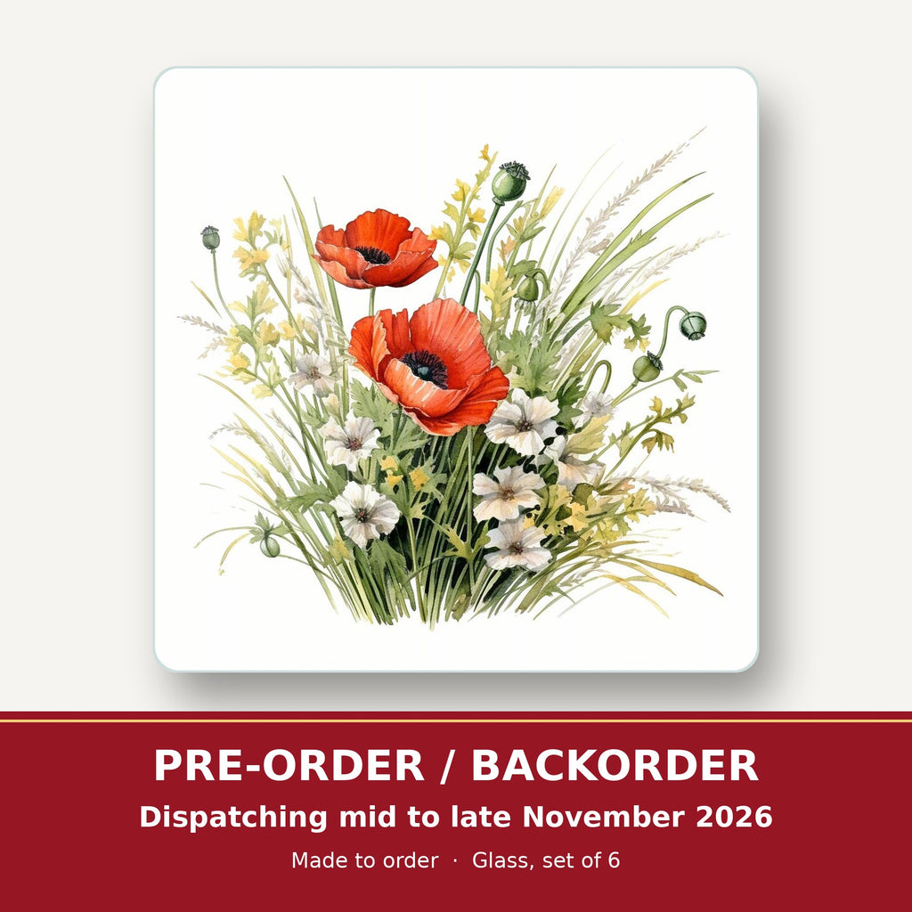 Red Poppy & Meadow Grass square glass coaster set of 6 – pre-order / backorder, dispatching mid to late November 2026