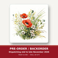 Red Poppy & Meadow Grass square glass coaster set of 6 – pre-order / backorder, dispatching mid to late November 2026