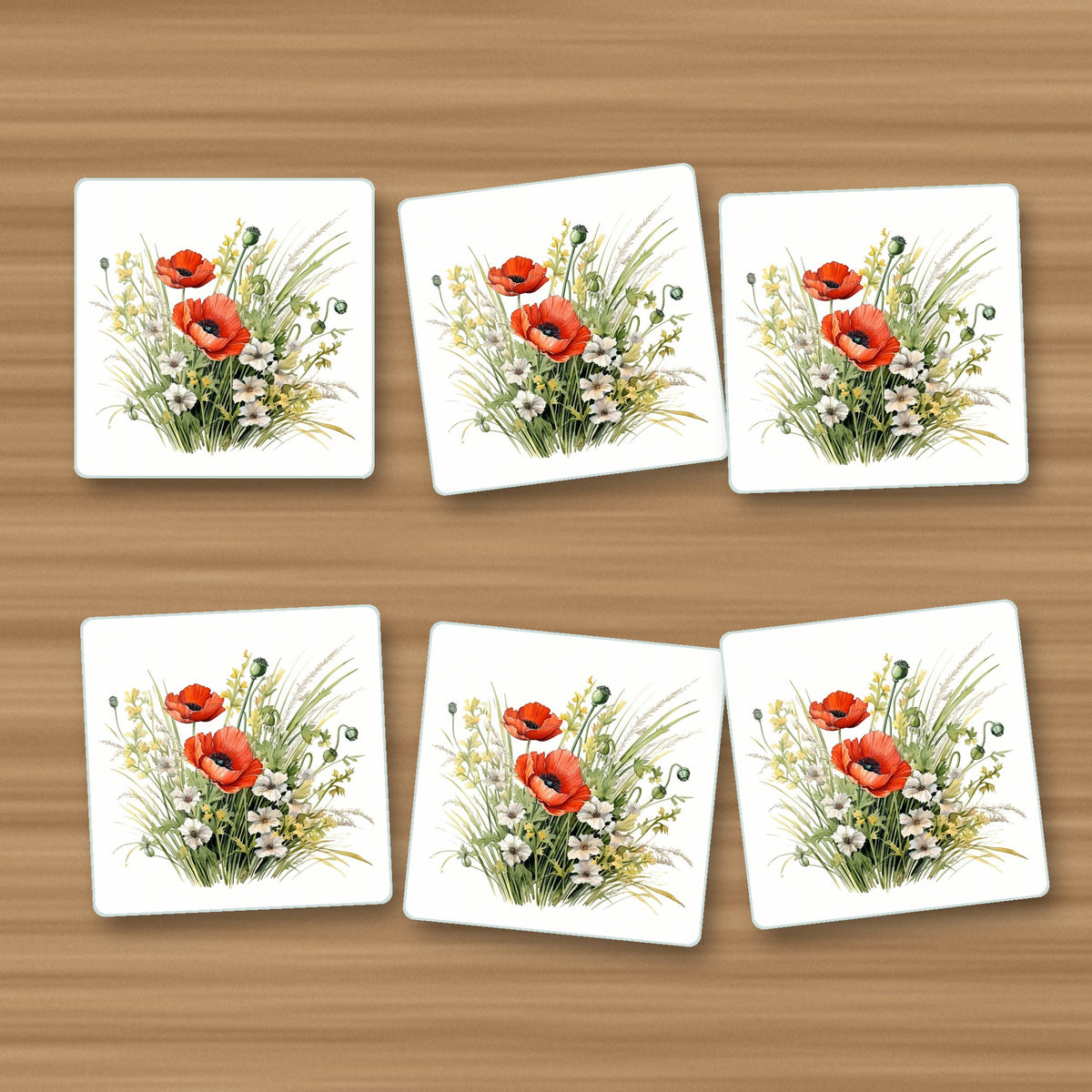 Red Poppy & Meadow Grass square glass coasters, set of 6, on an oak coffee table
