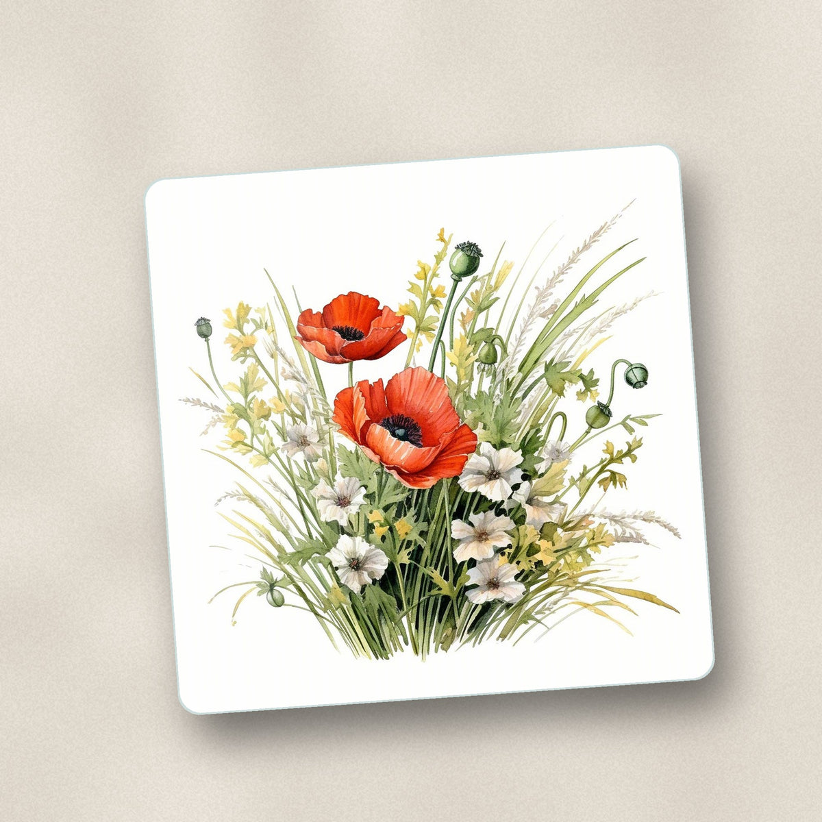 Close-up of one red poppy & meadow grass square glass coaster, flat UV print