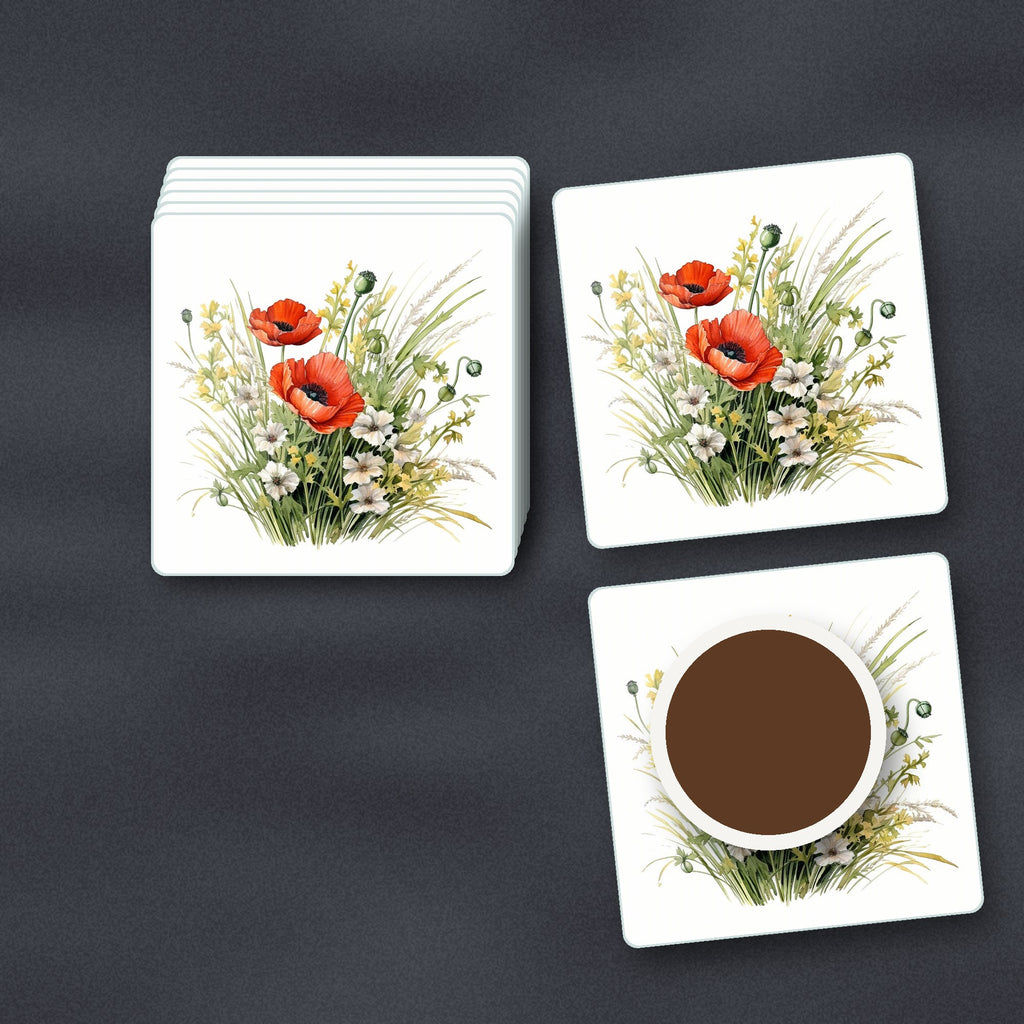 Red Poppy & Meadow Grass square glass coasters stacked on a slate kitchen worktop