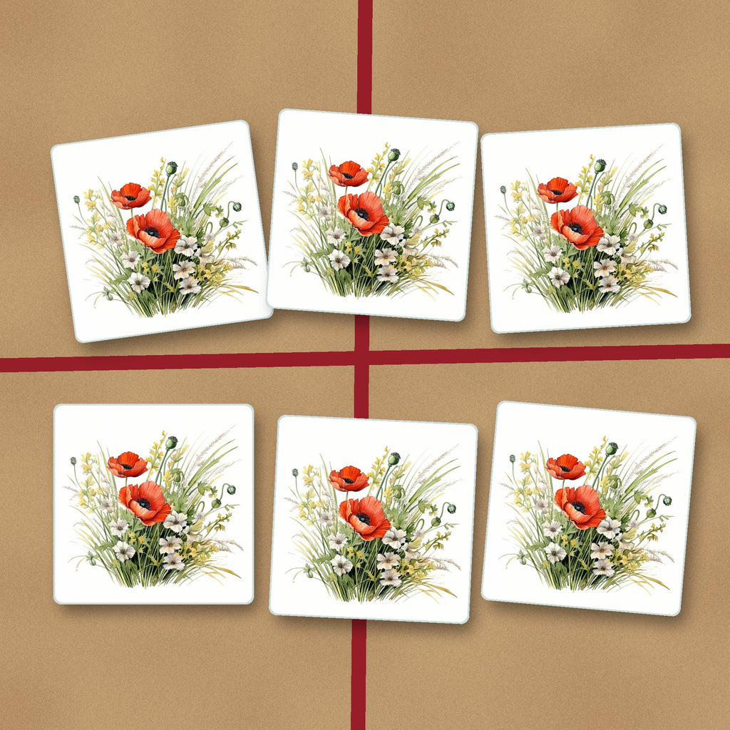 Red Poppy & Meadow Grass square glass coasters on kraft gift wrap