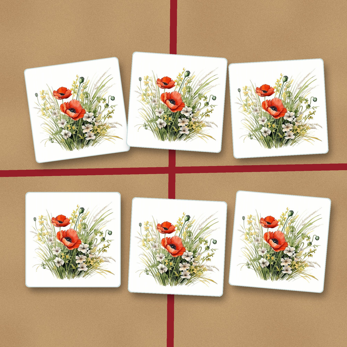 Red Poppy & Meadow Grass square glass coasters on kraft gift wrap