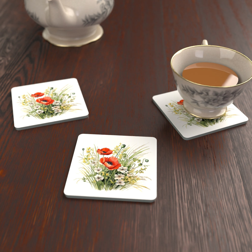 Red Poppy & Meadow Grass Square Glass Coasters – Set of 6 – lifestyle mockup with a teacup