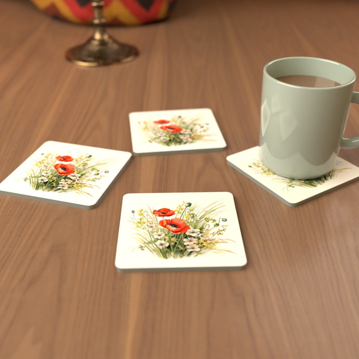 Red Poppy & Meadow Grass Square Glass Coasters – Set of 6 – cosy lifestyle mockup