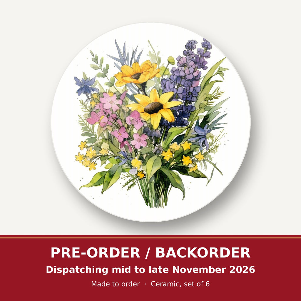 Sunny Meadow Bouquet with Lavender round ceramic coaster set of 6 – pre-order / backorder, dispatching mid to late November 2026
