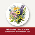 Sunny Meadow Bouquet with Lavender round ceramic coaster set of 6 – pre-order / backorder, dispatching mid to late November 2026