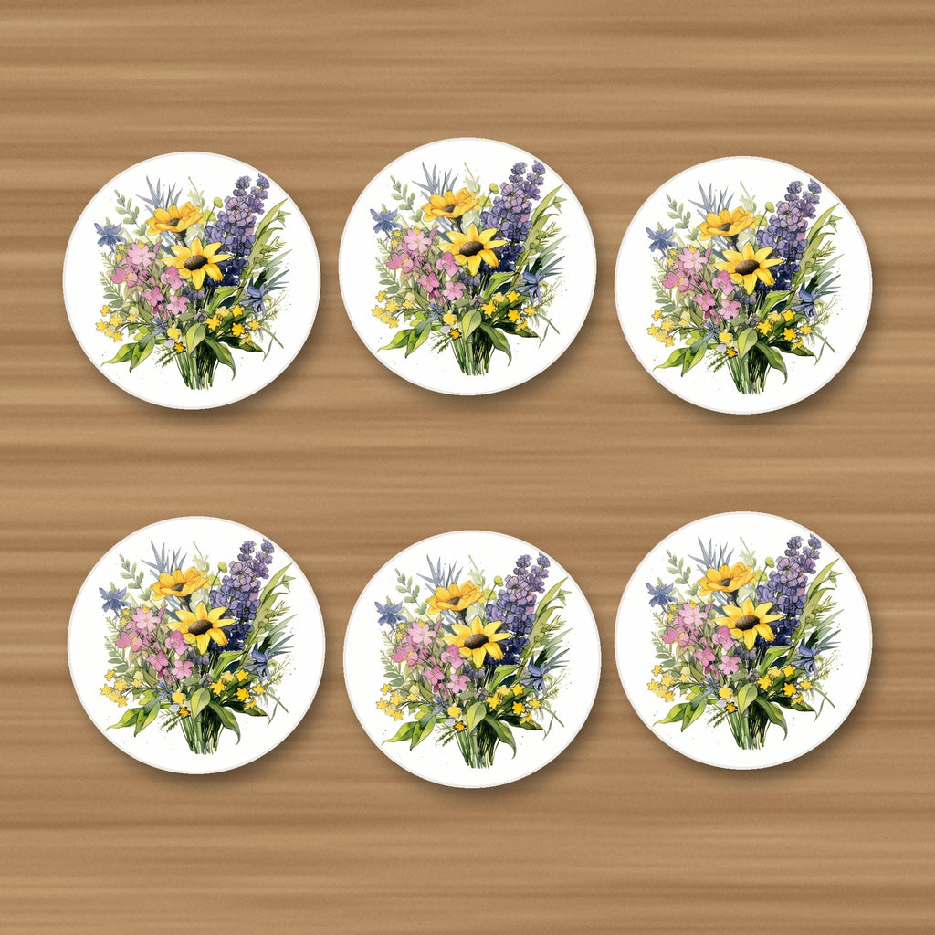 Sunny Meadow Bouquet with Lavender round ceramic coasters, set of 6, on an oak coffee table