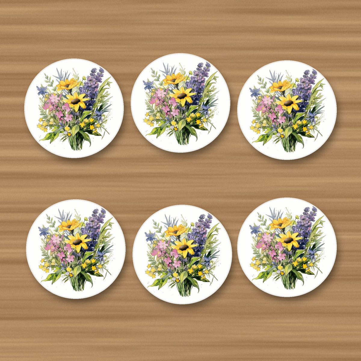 Sunny Meadow Bouquet with Lavender round ceramic coasters, set of 6, on an oak coffee table