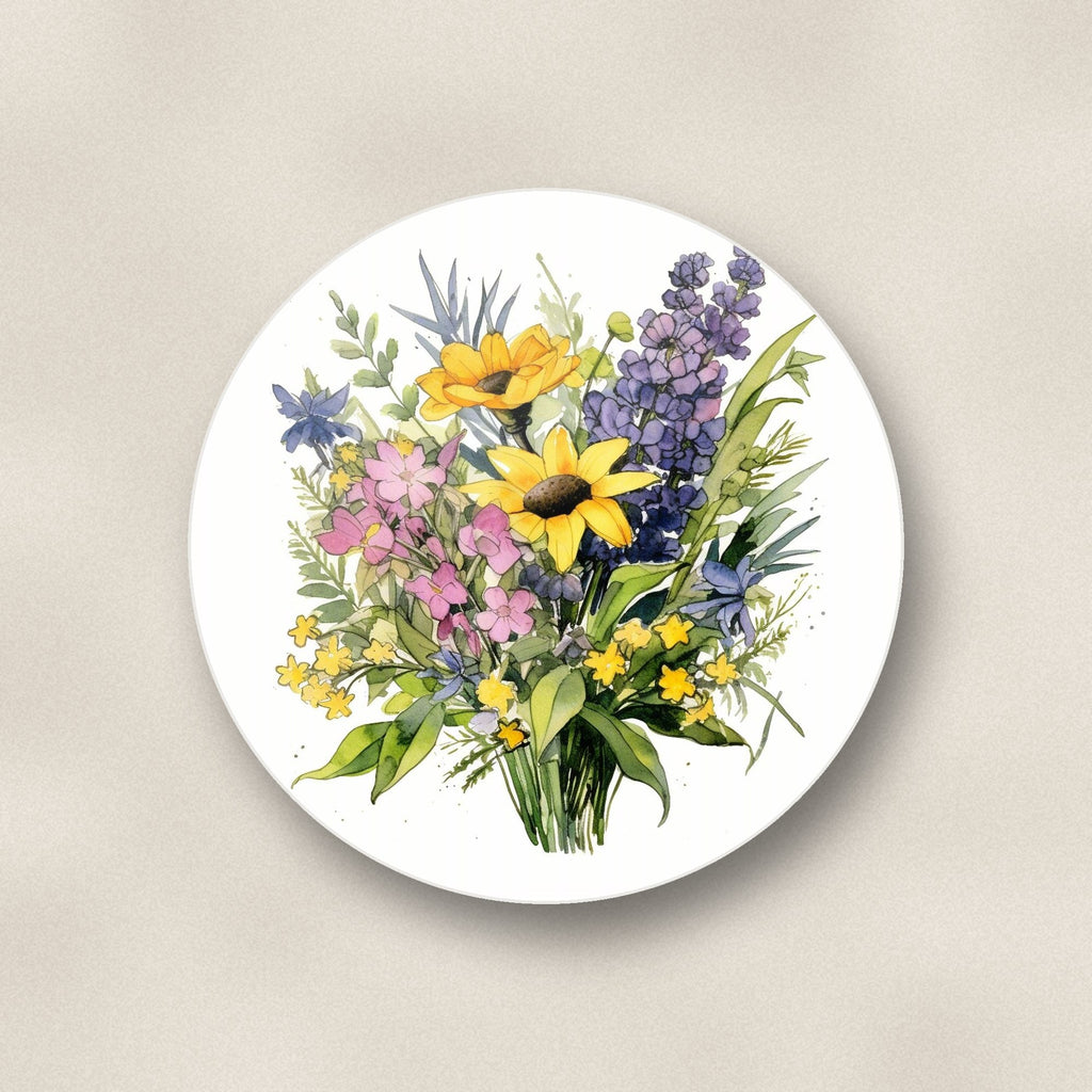 Close-up of one sunny meadow bouquet with lavender round ceramic coaster, flat UV print