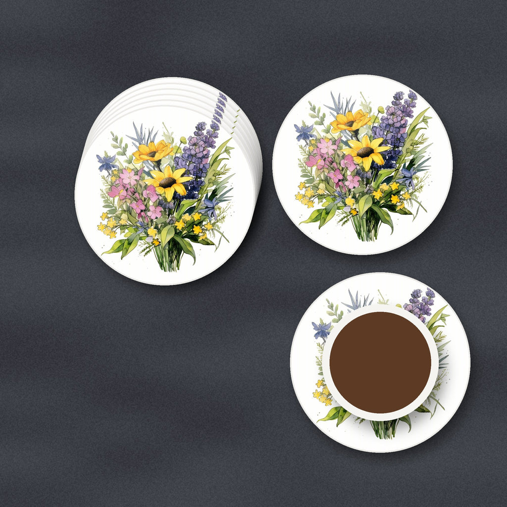 Sunny Meadow Bouquet with Lavender round ceramic coasters stacked on a slate kitchen worktop