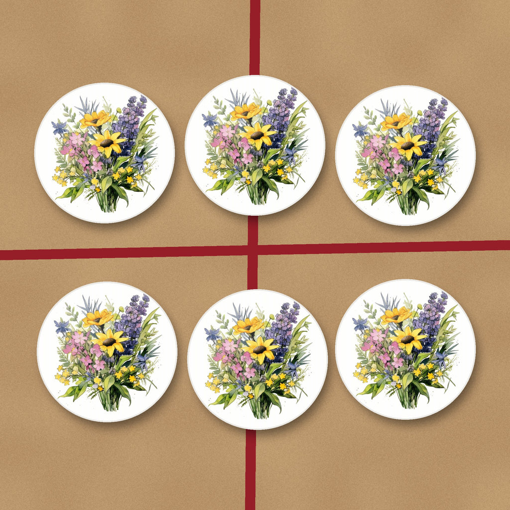Sunny Meadow Bouquet with Lavender round ceramic coasters on kraft gift wrap