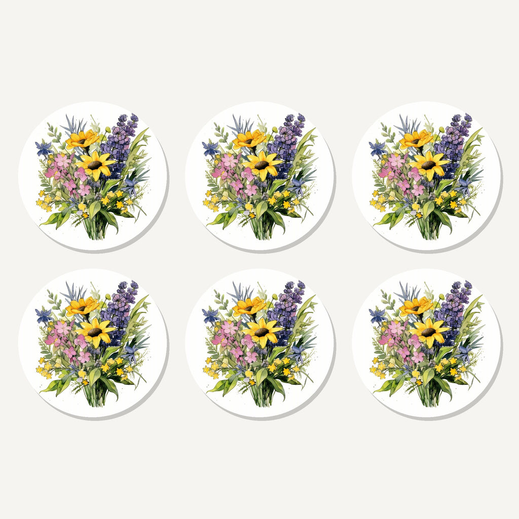 Flat lay of the sunny meadow bouquet with lavender artwork on six round coasters