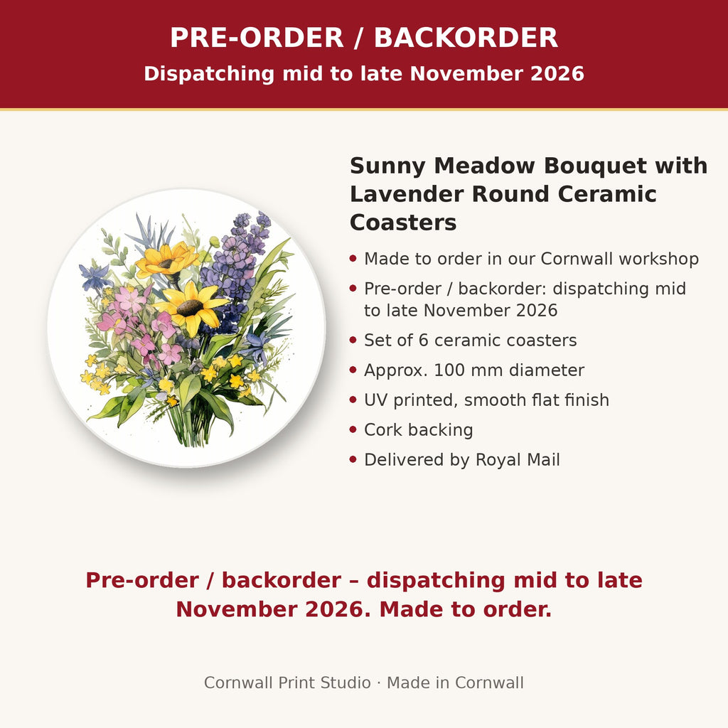 Info card: Sunny Meadow Bouquet with Lavender Round Ceramic Coasters – Set of 6, made to order, dispatching mid to late November 2026, delivered by Royal Mail