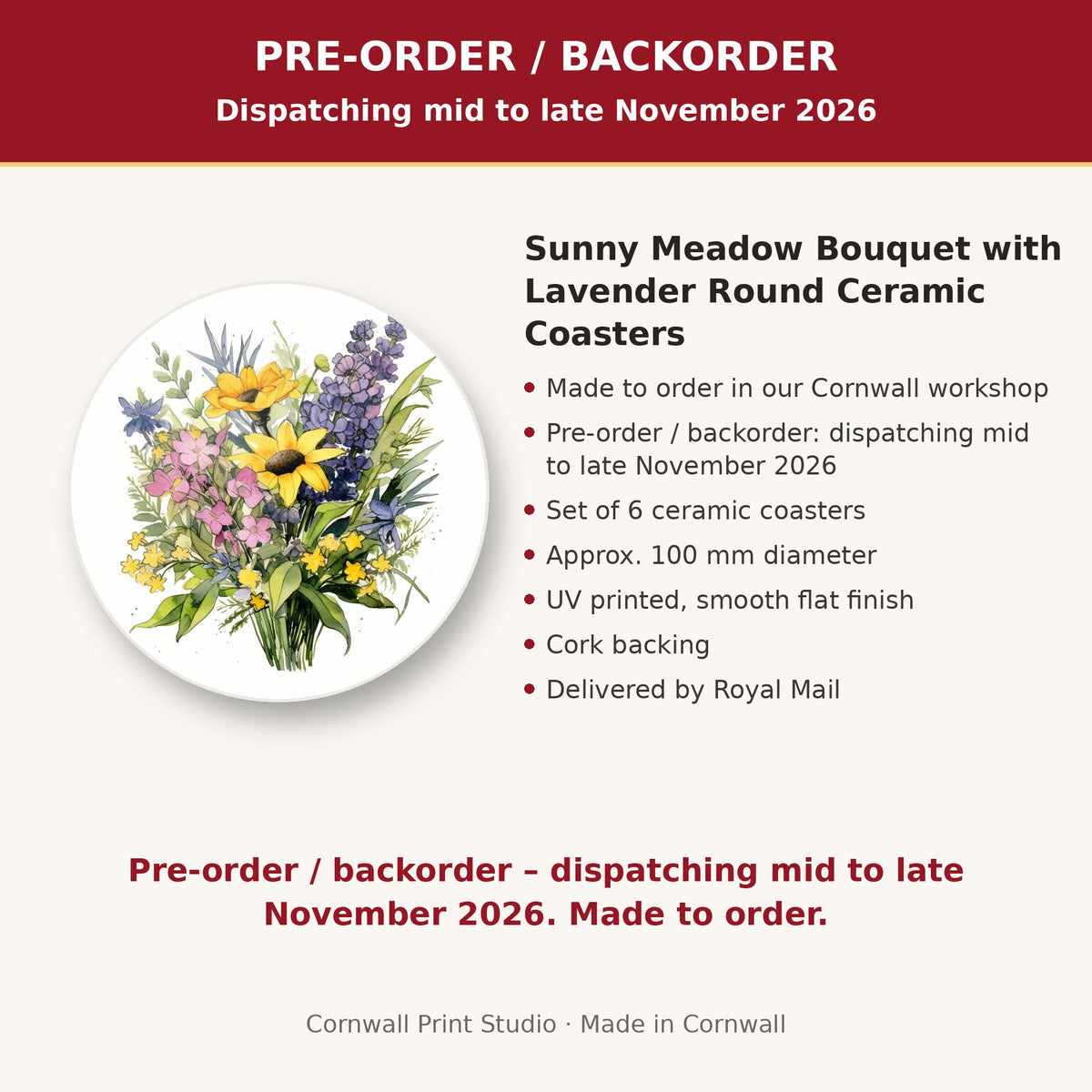 Info card: Sunny Meadow Bouquet with Lavender Round Ceramic Coasters – Set of 6, made to order, dispatching mid to late November 2026, delivered by Royal Mail