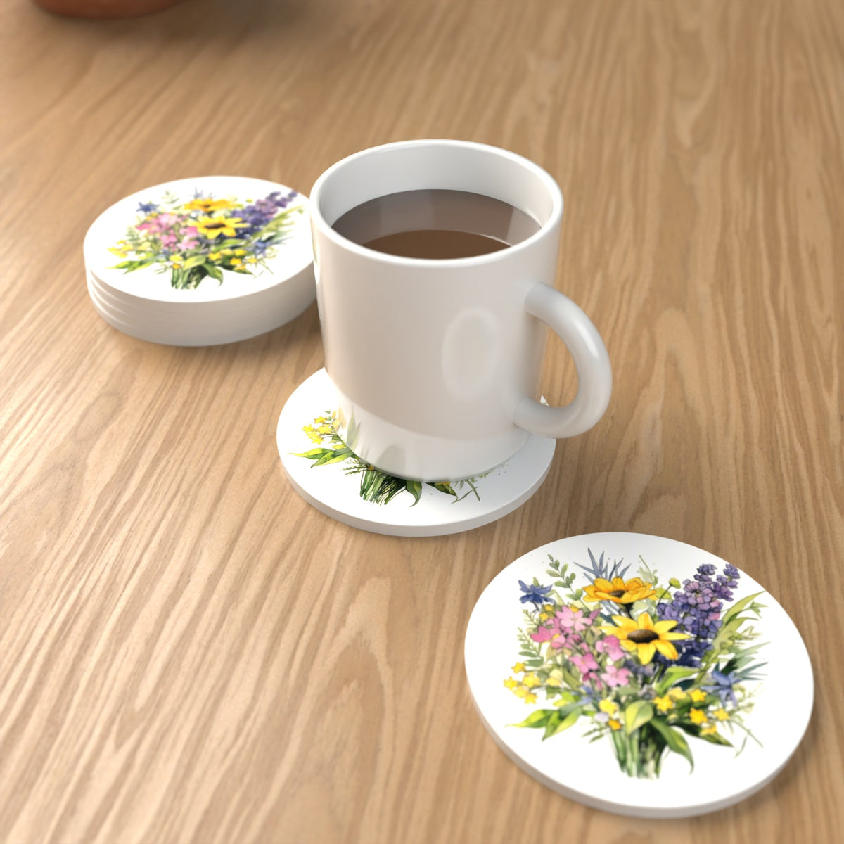 Sunny Meadow Bouquet with Lavender Round Ceramic Coasters – Set of 6 – lifestyle mockup with a mug of coffee