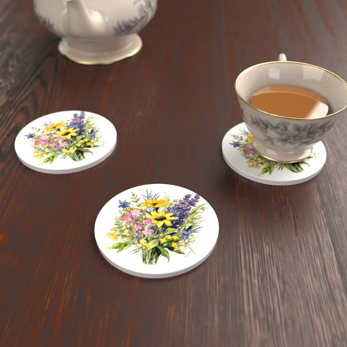 Sunny Meadow Bouquet with Lavender Round Ceramic Coasters – Set of 6 – lifestyle mockup with a teacup